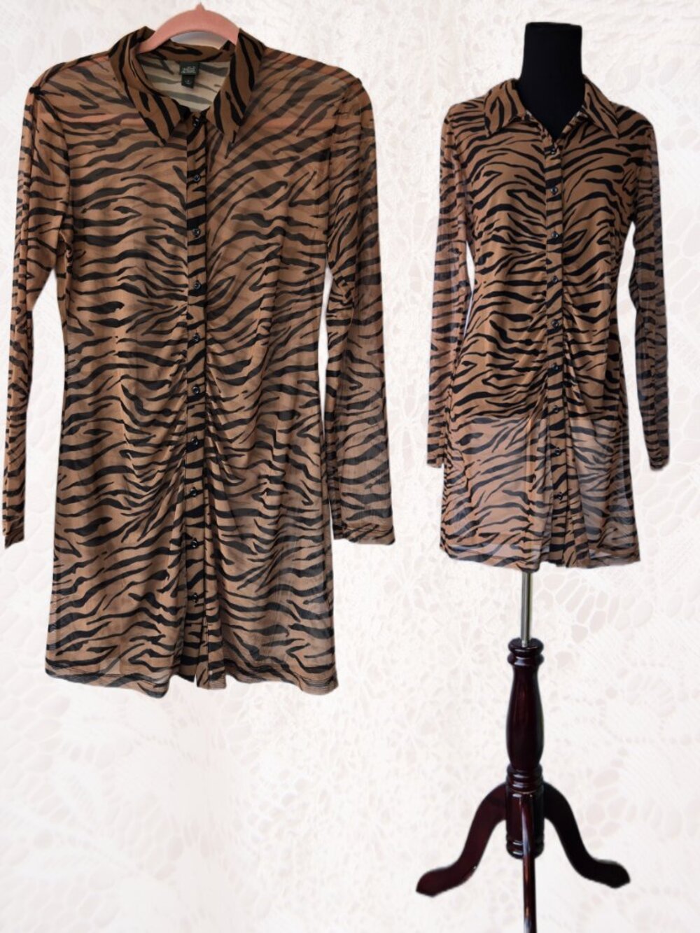 Wild Fable Sheer Mesh Zebra Print Long Sleeve Button Down Layering Midi Dress